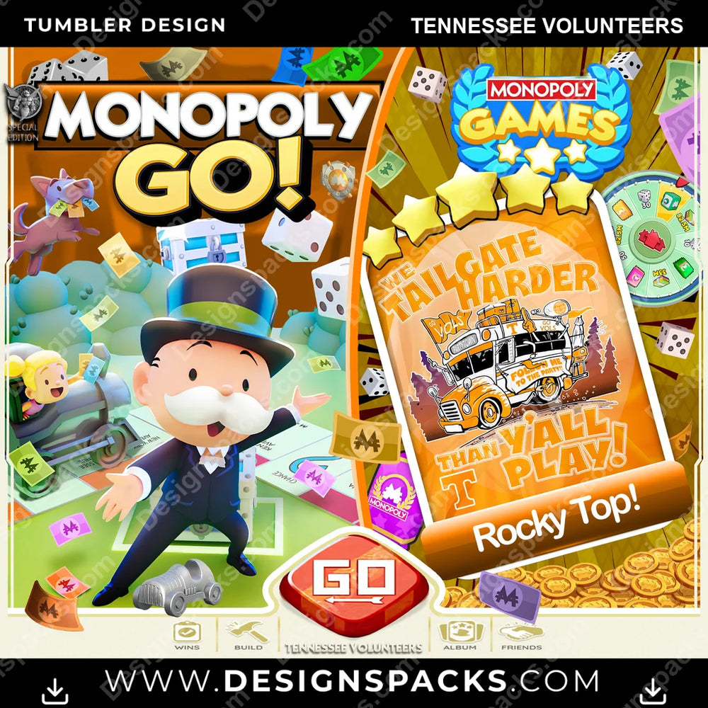 College Sport Monopoly Go! Tennessee Volunteers NCAA College Sport Tumbler Digital Wrap Design Download
