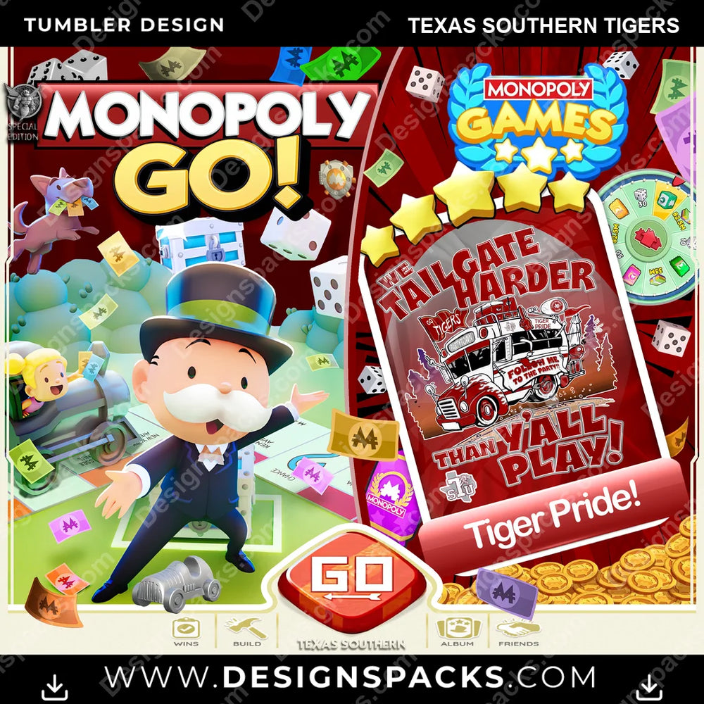 College Sport Monopoly Go! Texas Southern Tigers NCAA College Sport Tumbler Digital Wrap Design Download