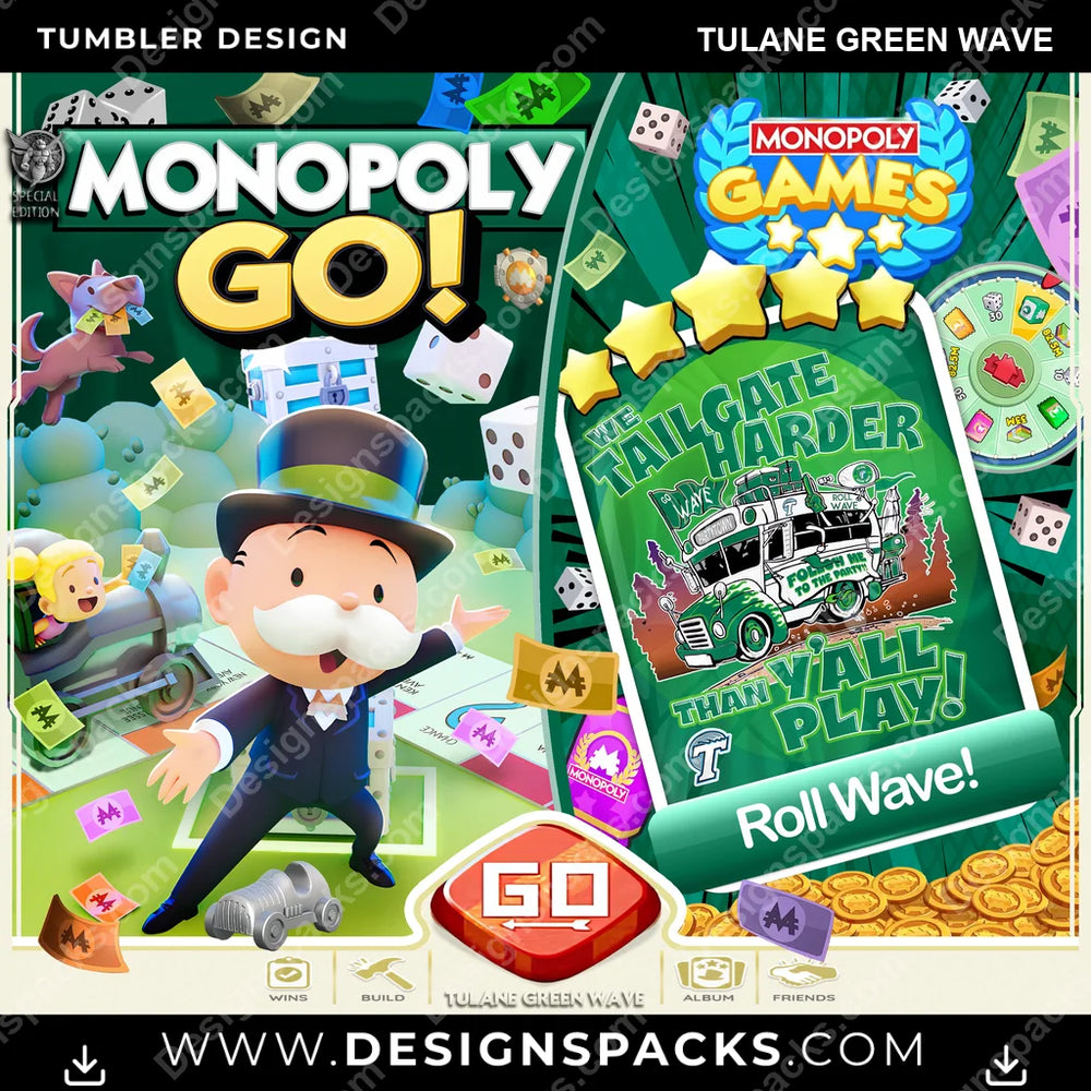 College Sport Monopoly Go! Tulane Green Wave NCAA College Sport Tumbler Digital Wrap Design Download