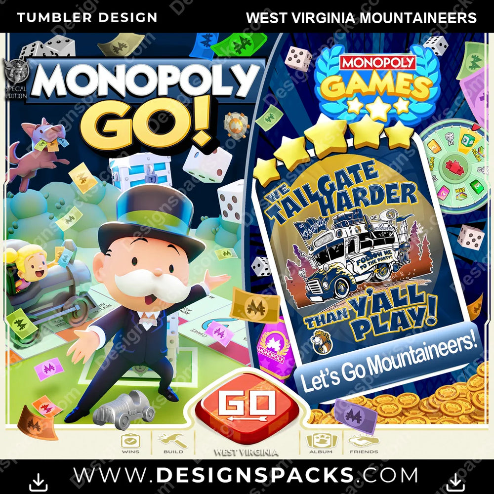 College Sport Monopoly Go! West Virginia Mountaineers NCAA College Sport Tumbler Digital Wrap Design Download