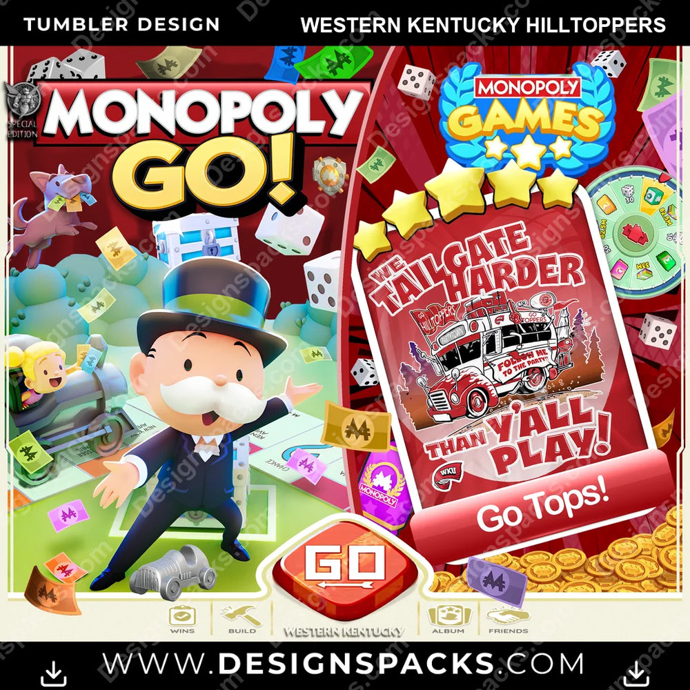 College Sport Monopoly Go! Western Kentucky Hilltoppers NCAA College Sport Tumbler Digital Wrap Design Download