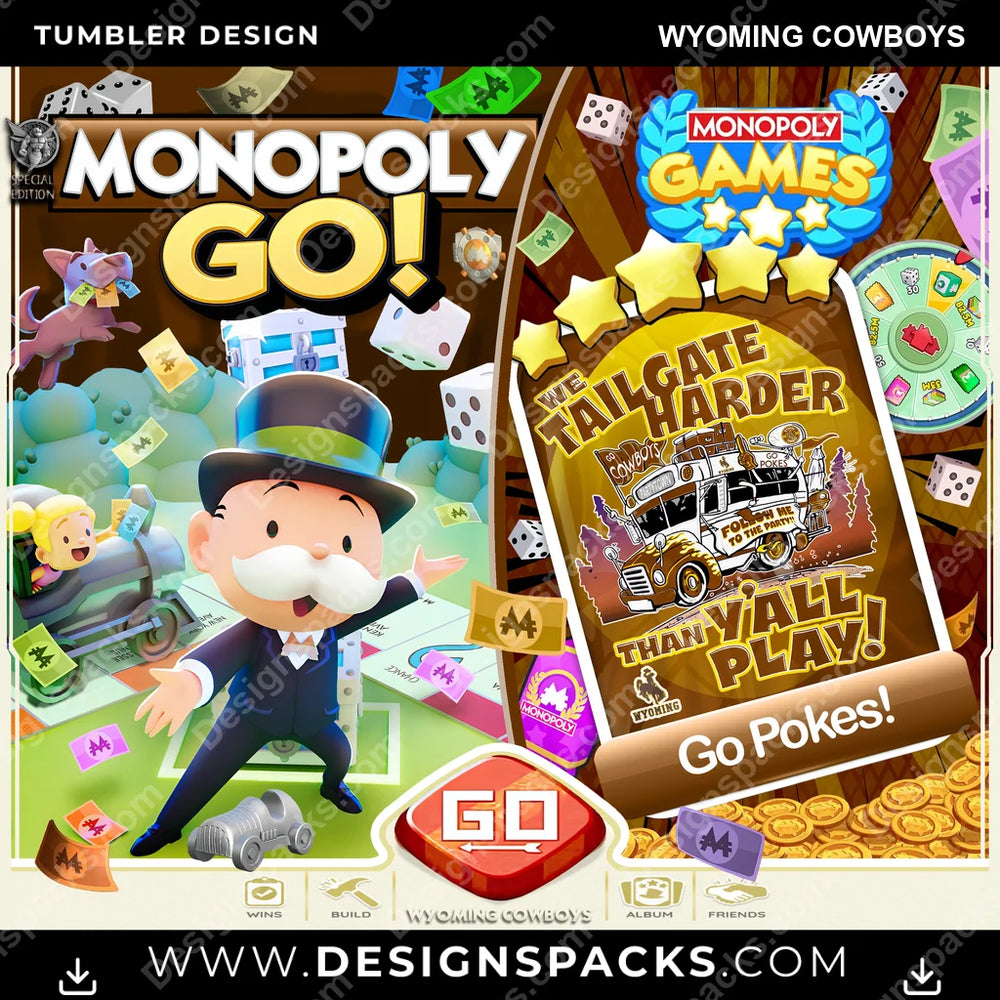 College Sport Monopoly Go! Wyoming Cowboys NCAA College Sport Tumbler Digital Wrap Design Download