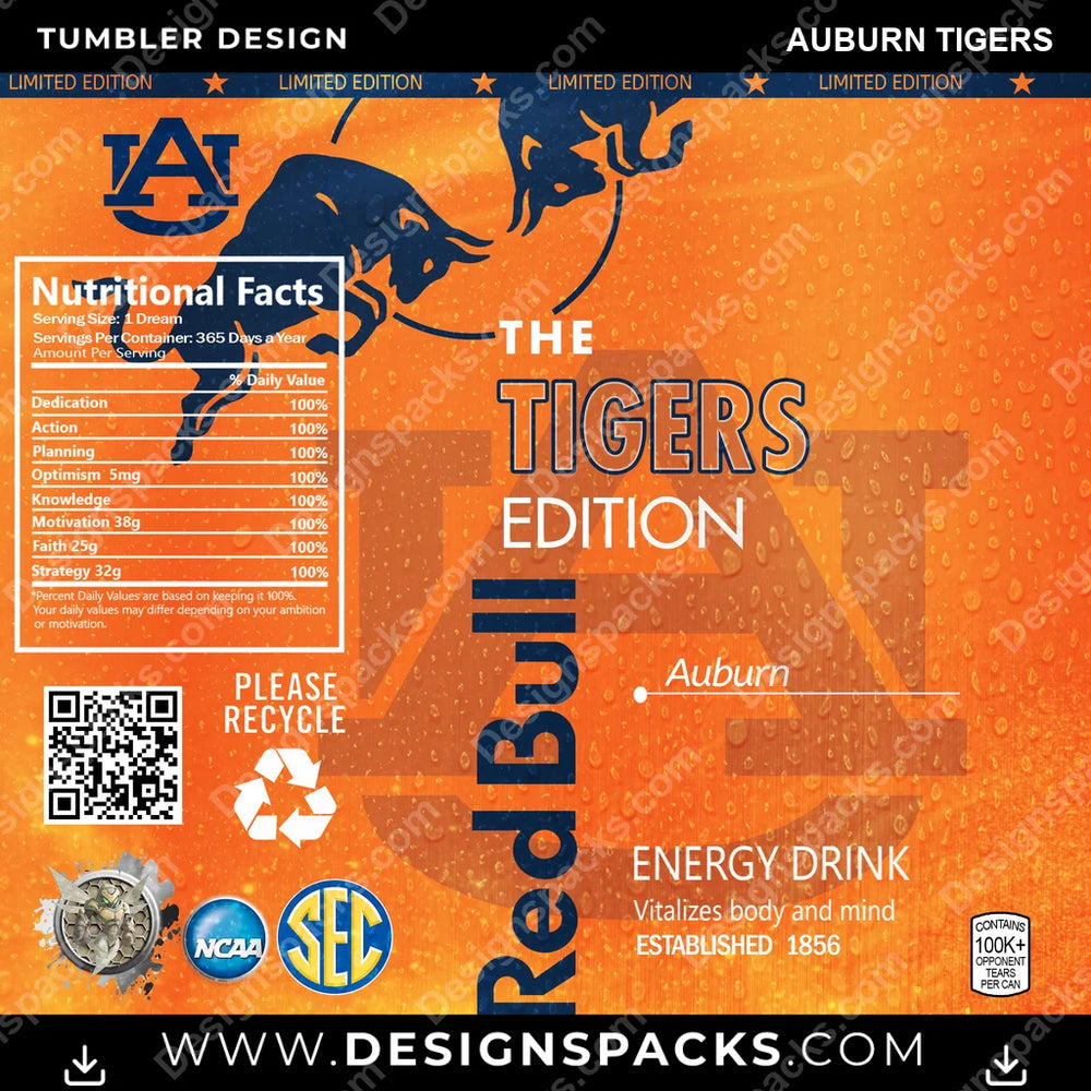 College Sport Red Bull Auburn Tigers NCAA College Sport Tumbler Digital Wrap Design Download