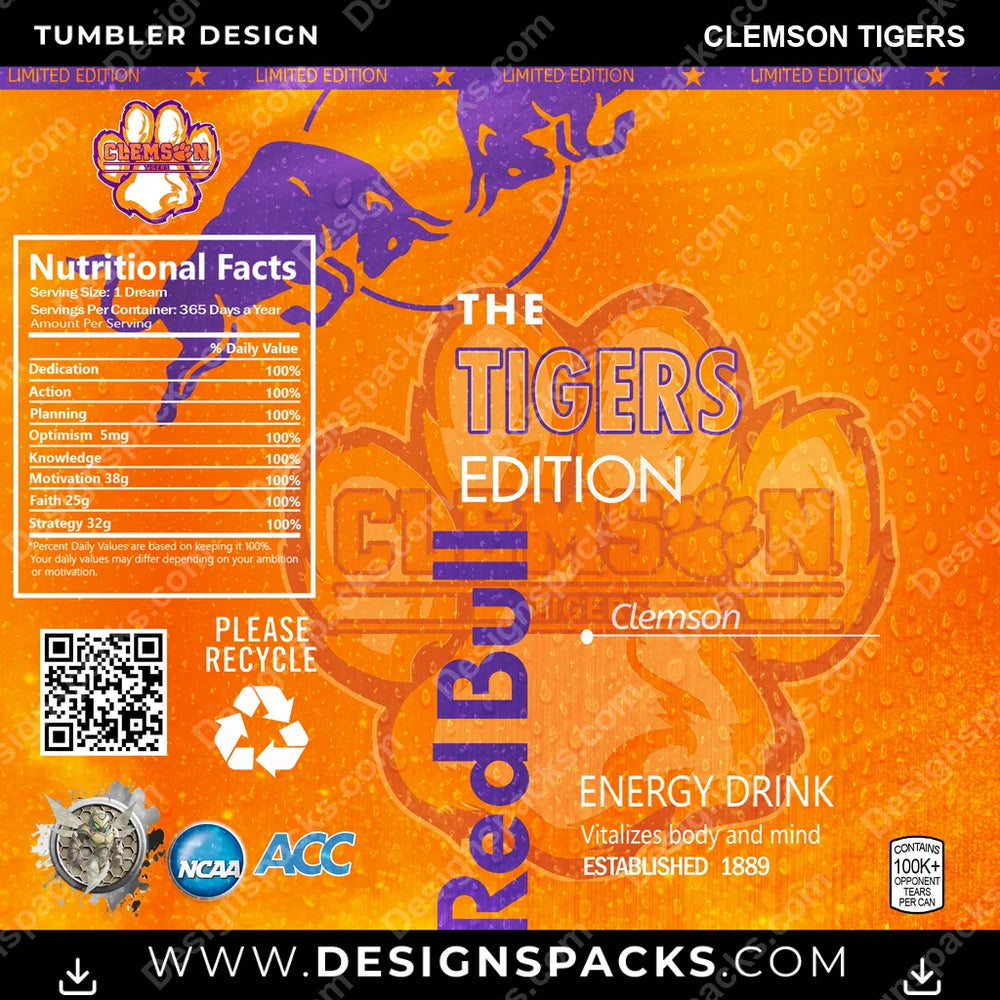 College Sport Red Bull Clemson Tigers NCAA College Sport Tumbler Digital Wrap Design Download