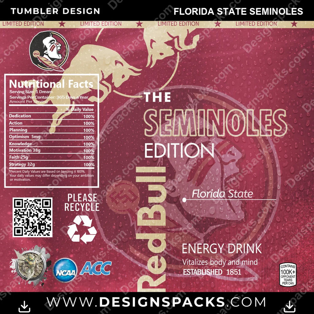 College Sport Red Bull Florida State Seminoles NCAA College Sport Tumbler Digital Wrap Design Download