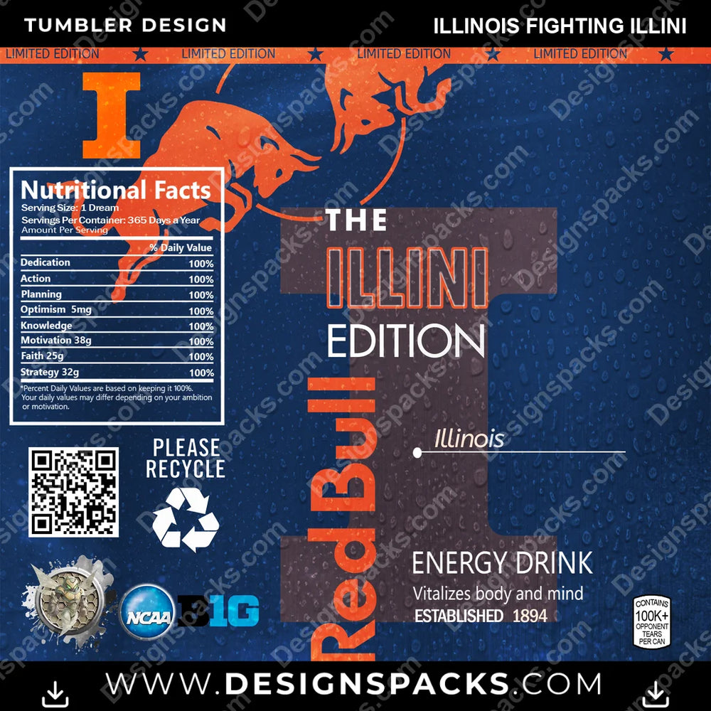 College Sport Red Bull Illinois Fighting Illini NCAA College Sport Tumbler Digital Wrap Design Download