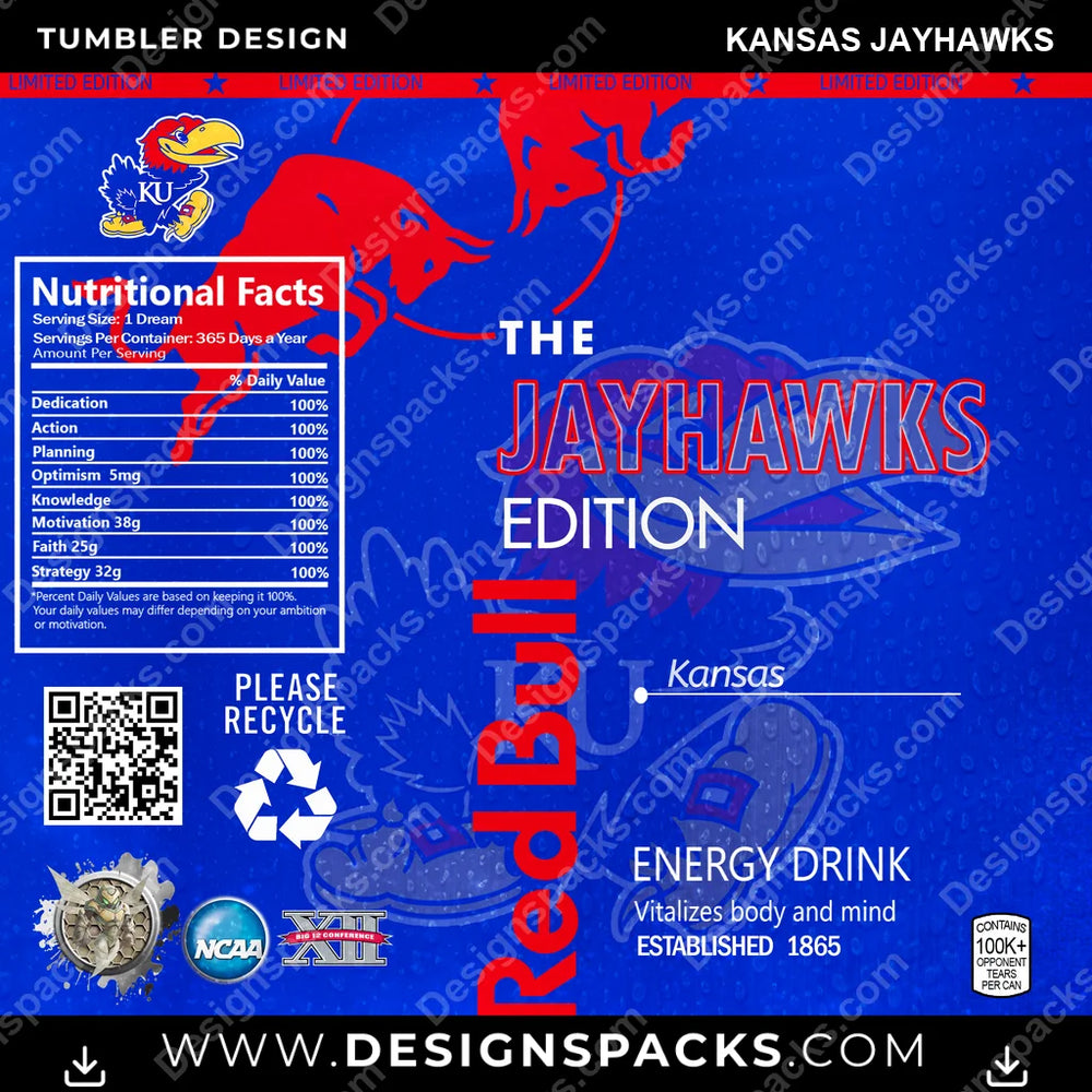 College Sport Red Bull Kansas Jayhawks NCAA College Sport Tumbler Digital Wrap Design Download