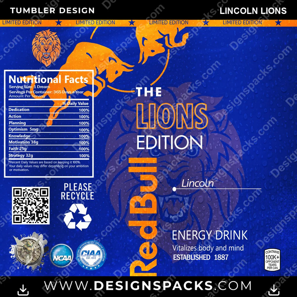 College Sport Red Bull Lincoln Lions NCAA College Sport Tumbler Digital Wrap Design Download