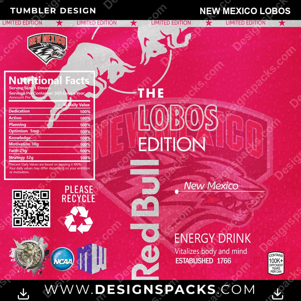 College Sport Red Bull New Mexico Lobos NCAA College Sport Tumbler Digital Wrap Design Download