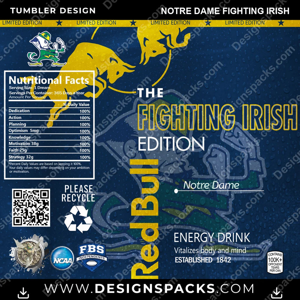 College Sport Red Bull Notre Dame Fighting Irish NCAA College Sport Tumbler Digital Wrap Design Download