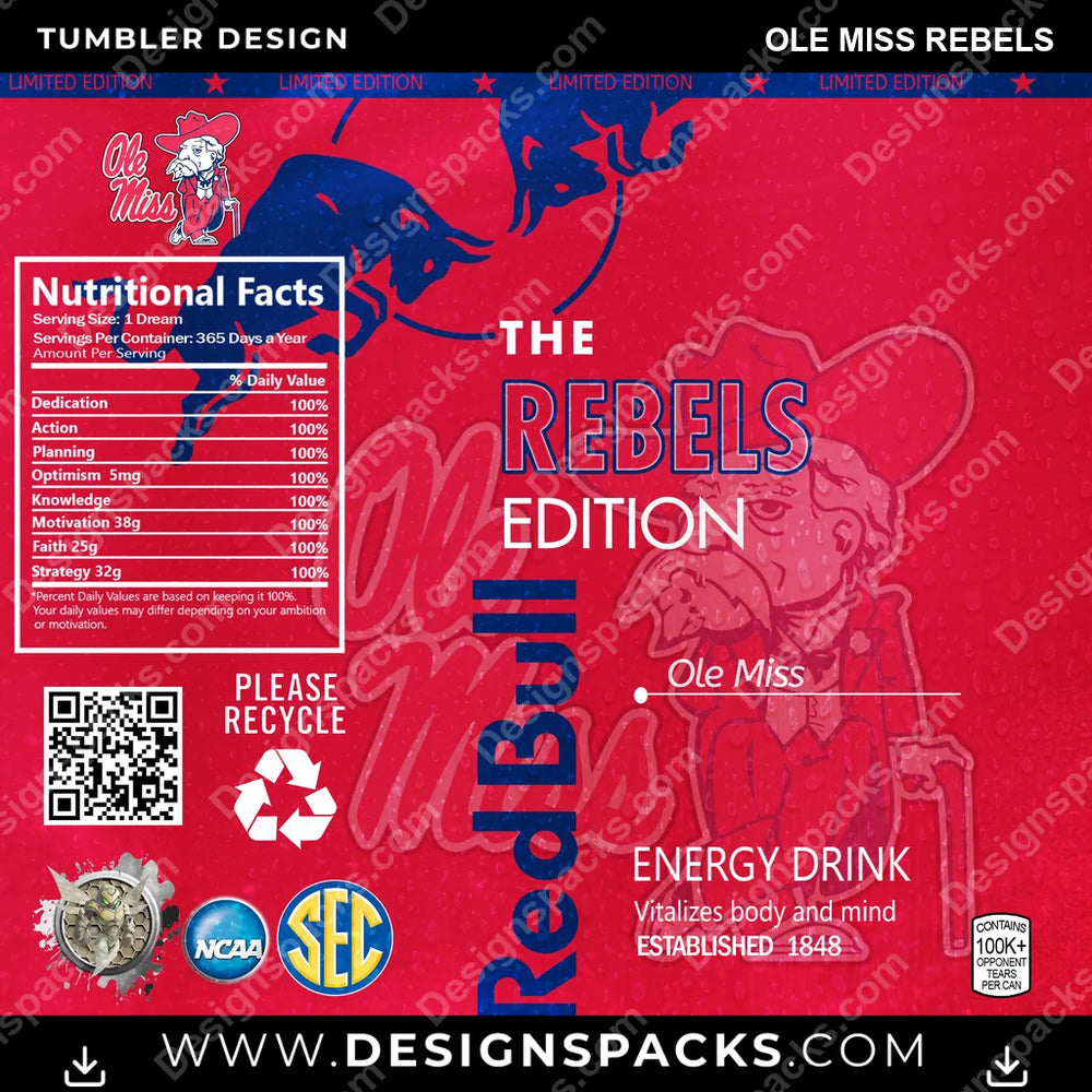 College Sport Red Bull Ole Miss Rebels NCAA College Sport Tumbler Digital Wrap Design Download