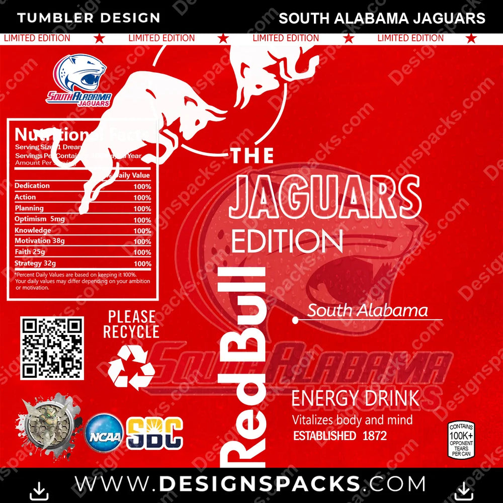 College Sport Red Bull South Alabama Jaguars NCAA College Sport Tumbler Digital Wrap Design Download