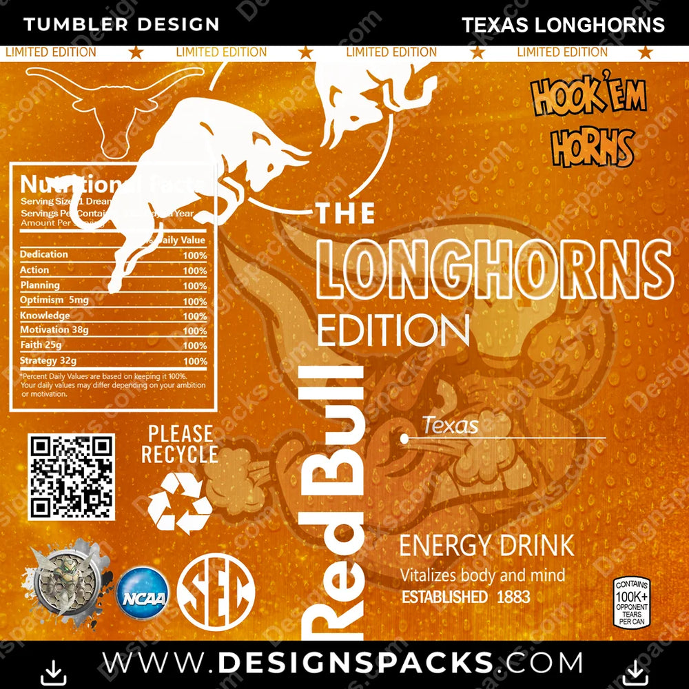 College Sport Red Bull Texas Longhorns NCAA College Sport Tumbler Digital Wrap Design Download