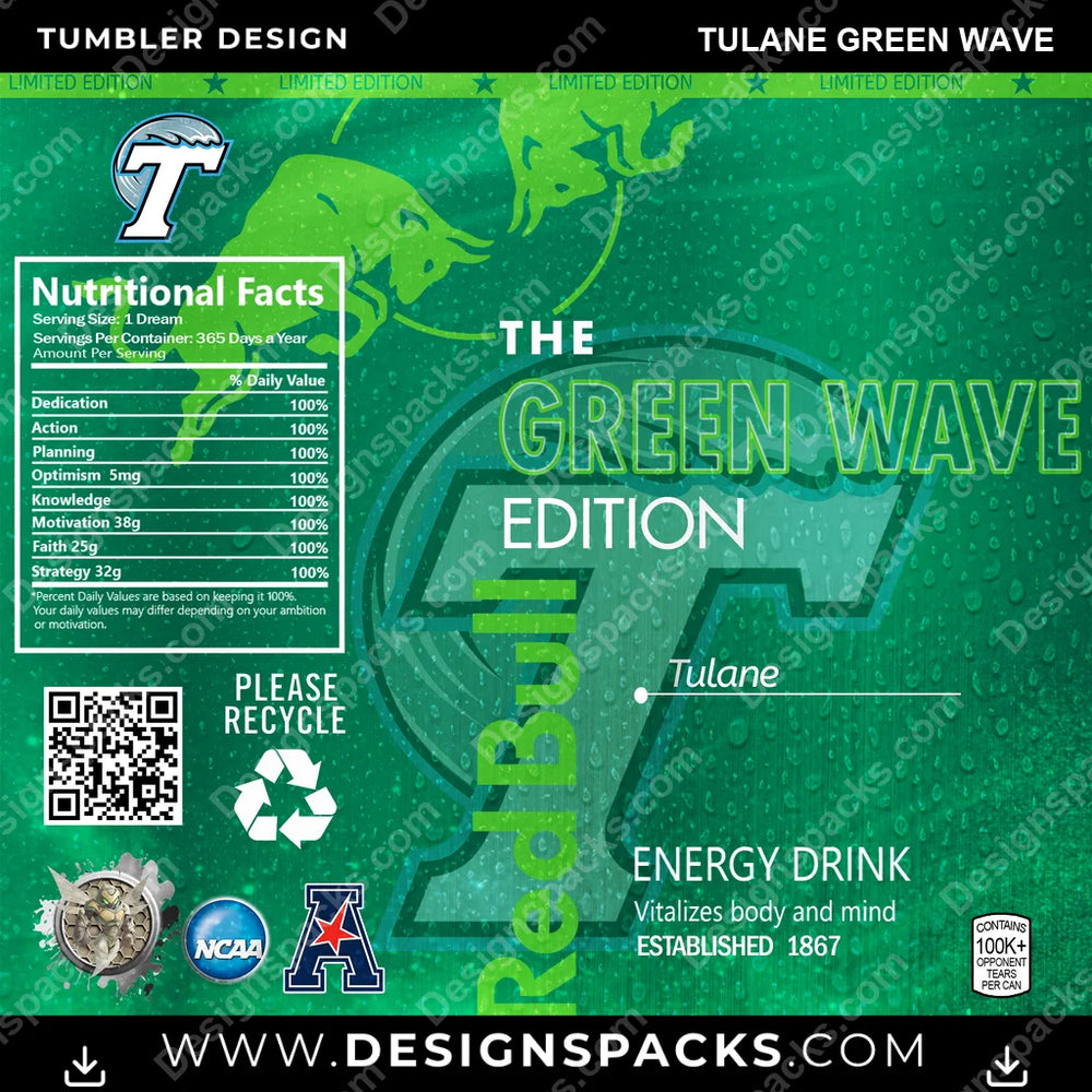 College Sport Red Bull Tulane Green Wave NCAA College Sport Tumbler Digital Wrap Design Download