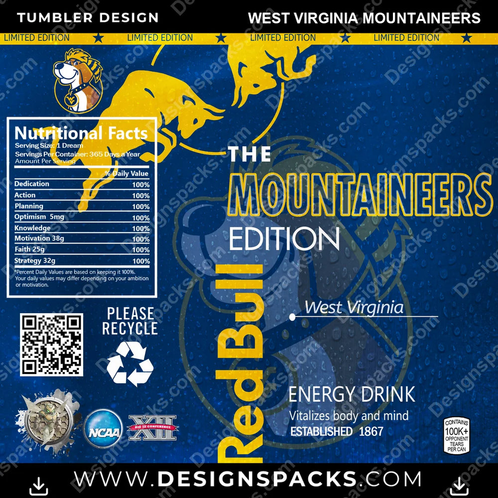 College Sport Red Bull West Virginia Mountaineers NCAA College Sport Tumbler Digital Wrap Design Download