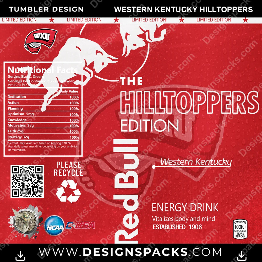 College Sport Red Bull Western Kentucky Hilltoppers NCAA College Sport Tumbler Digital Wrap Design Download