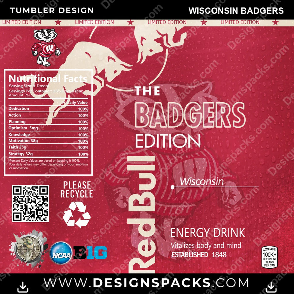 College Sport Red Bull Wisconsin Badgers NCAA College Sport Tumbler Digital Wrap Design Download