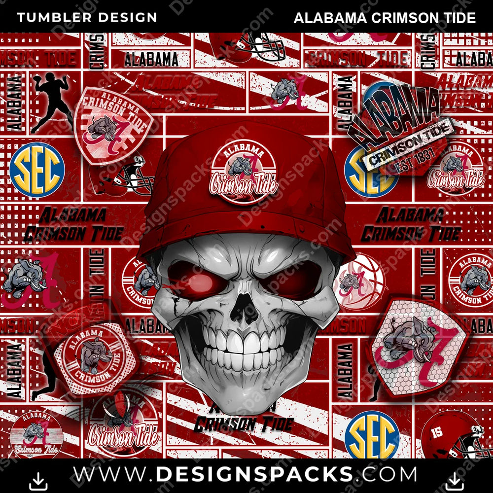 College Sport Skull Alabama Crimson Tide NCAA College Sport Tumbler Digital Wrap Design Download