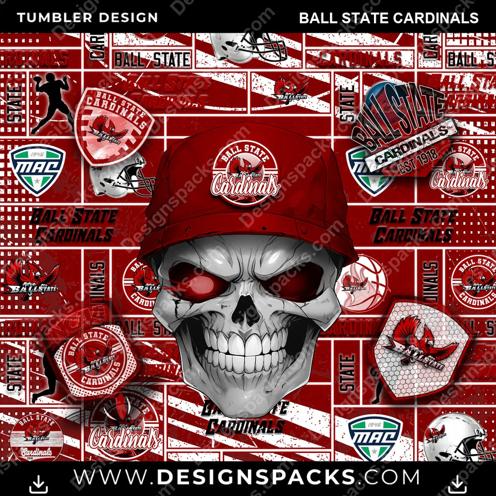 College Sport Skull Ball State Cardinals NCAA College Sport Tumbler Digital Wrap Design Download