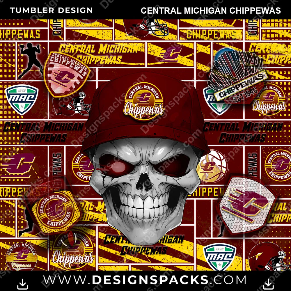 College Sport Skull Central Michigan Chippewas NCAA College Sport Tumbler Digital Wrap Design Download