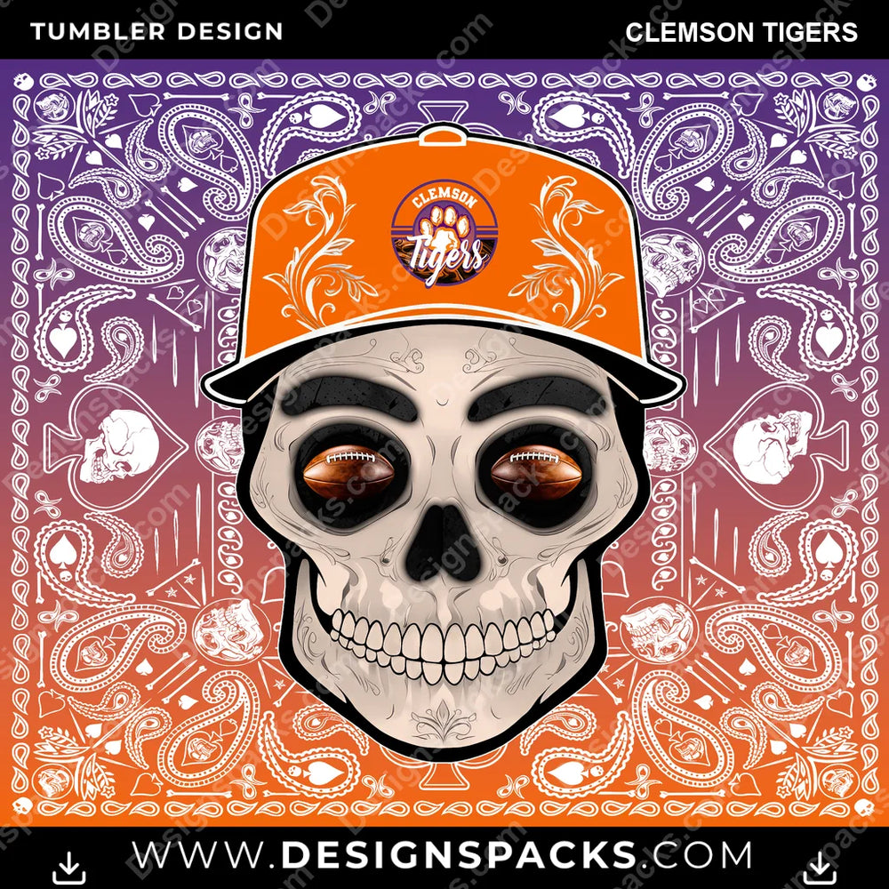 College Sport Skull Handkerchief Clemson Tigers NCAA College Sport Tumbler Digital Wrap Design Download
