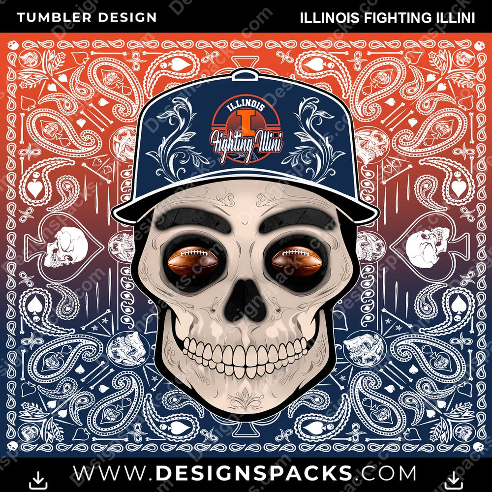 College Sport Skull Handkerchief Illinois Fighting Illini NCAA College Sport Tumbler Digital Wrap Design Download