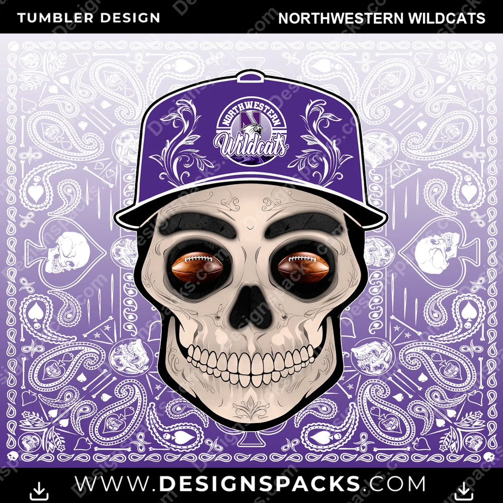 College Sport Skull Handkerchief Northwestern Wildcats NCAA College Sport Tumbler Digital Wrap Design Download