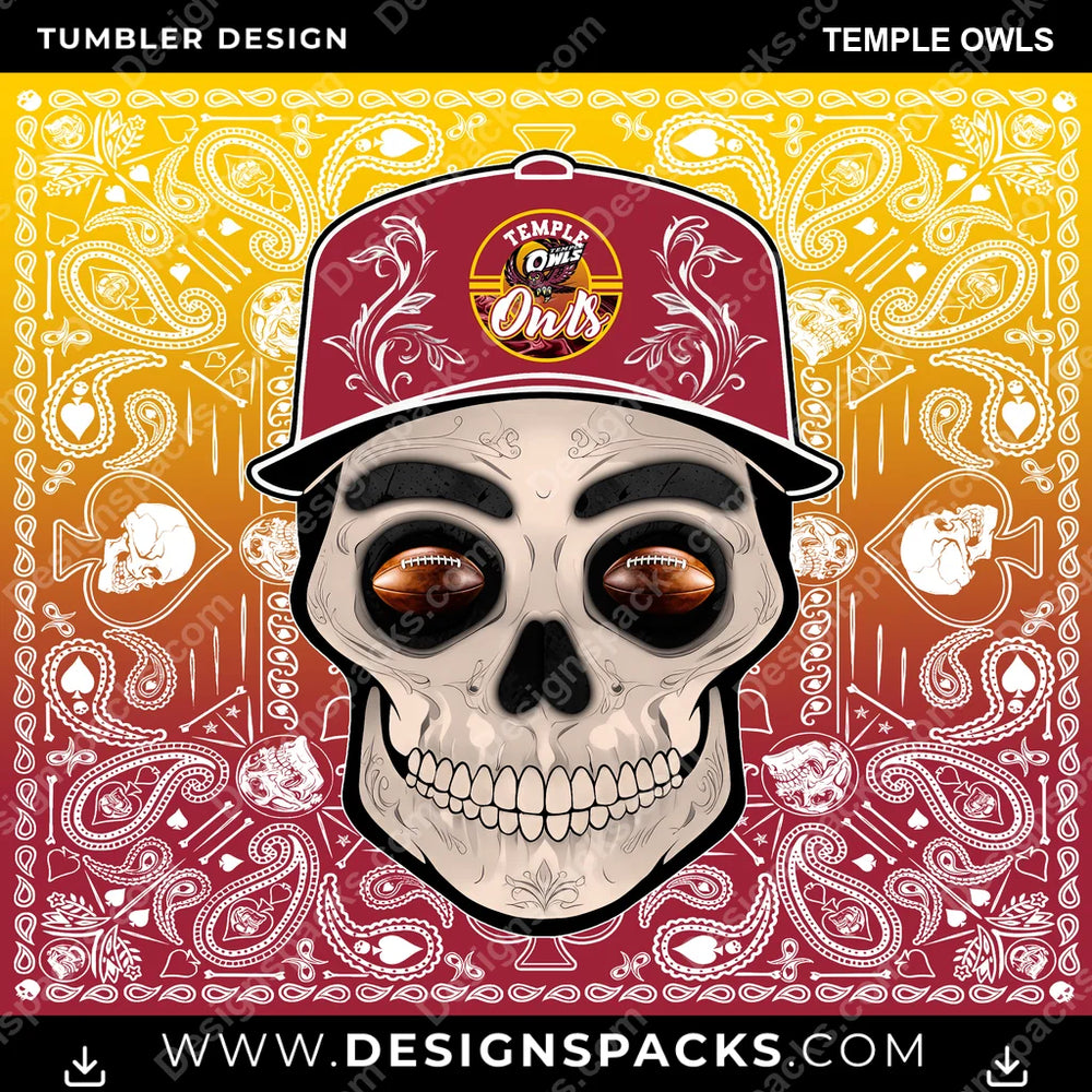 College Sport Skull Handkerchief Temple Owls NCAA College Sport Tumbler Digital Wrap Design Download