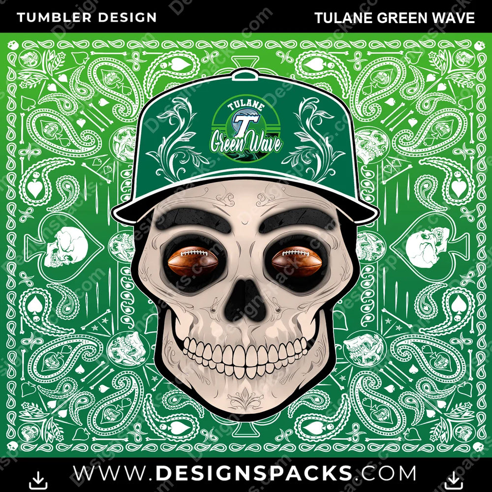 College Sport Skull Handkerchief Tulane Green Wave NCAA College Sport Tumbler Digital Wrap Design Download