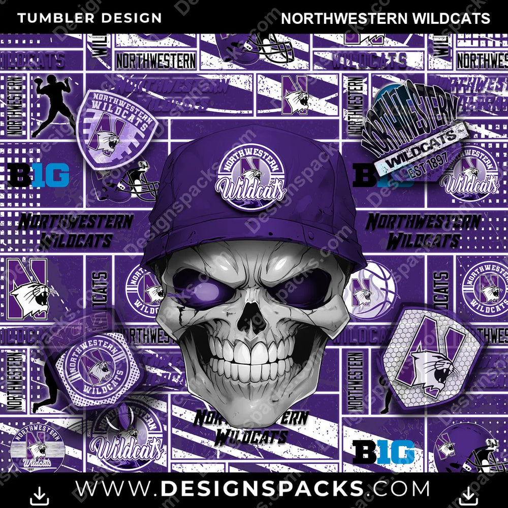 College Sport Skull Northwestern Wildcats NCAA College Sport Tumbler Digital Wrap Design Download