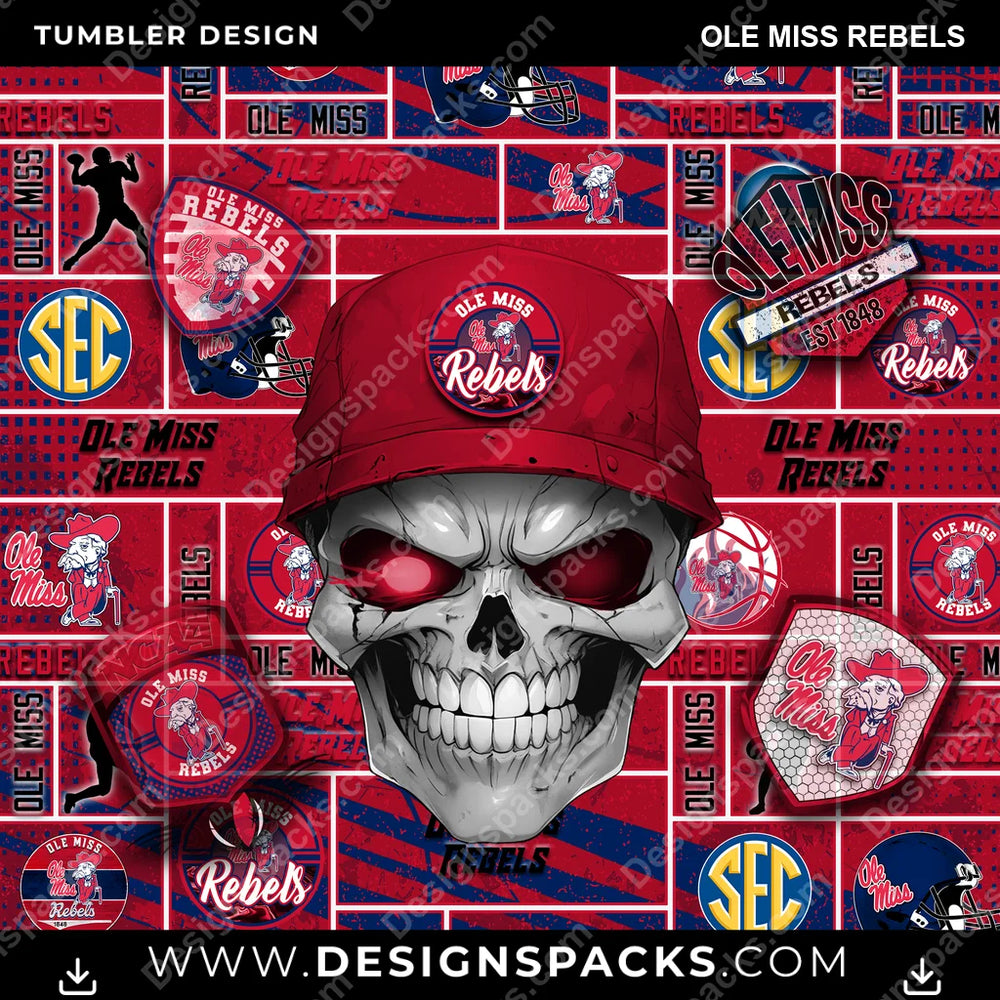 College Sport Skull Ole Miss Rebels NCAA College Sport Tumbler Digital Wrap Design Download