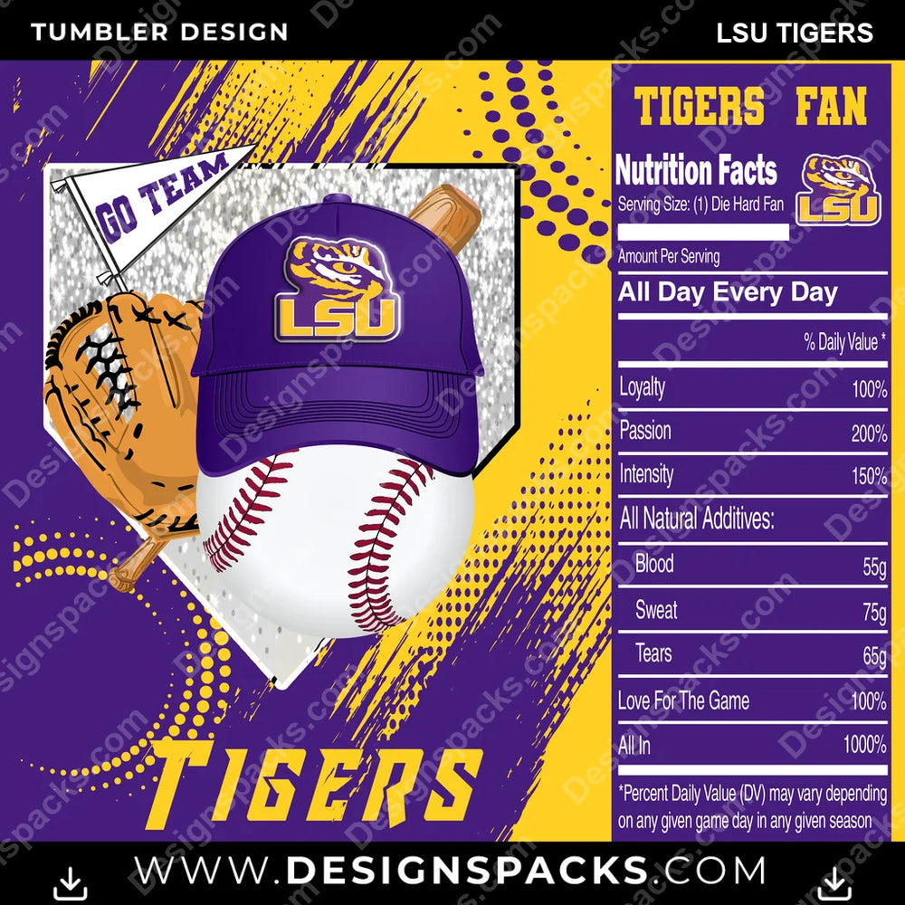 College Sport Team Fan BaseBall LSU Tigers NCAA College Sport Tumbler Digital Wrap Design Download