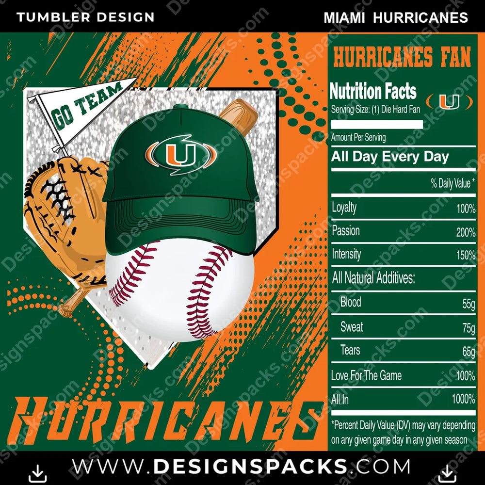 College Sport Team Fan BaseBall Miami Hurricanes NCAA College Sport Tumbler Digital Wrap Design Download