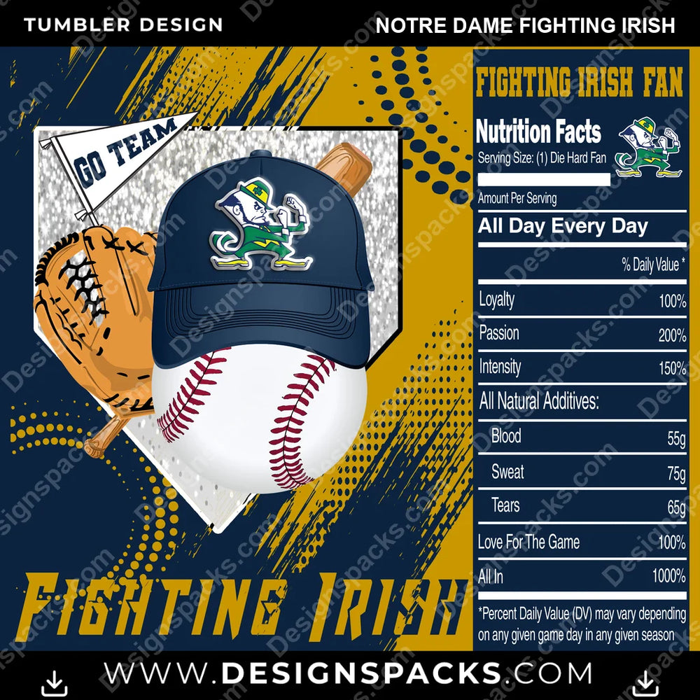 College Sport Team Fan BaseBall Notre Dame Fighting Irish NCAA College Sport Tumbler Digital Wrap Design Download