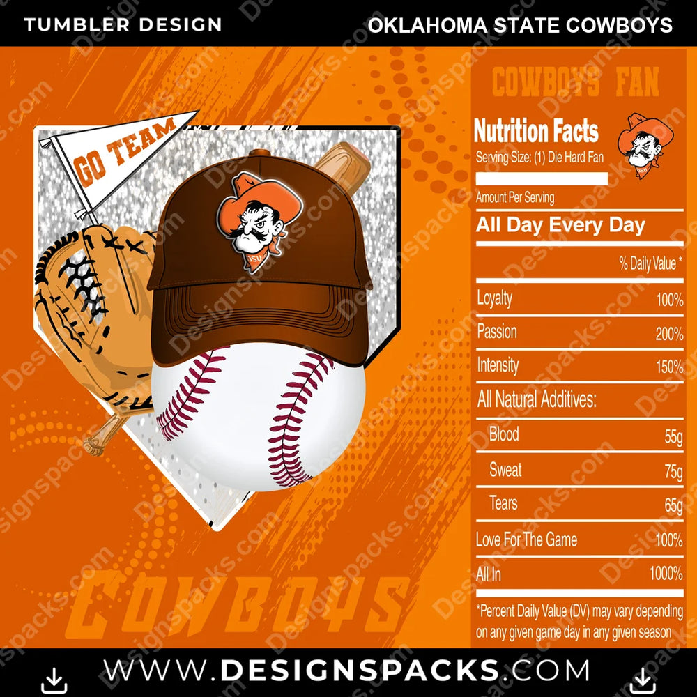 College Sport Team Fan BaseBall Oklahoma State Cowboys NCAA College Sport Tumbler Digital Wrap Design Download