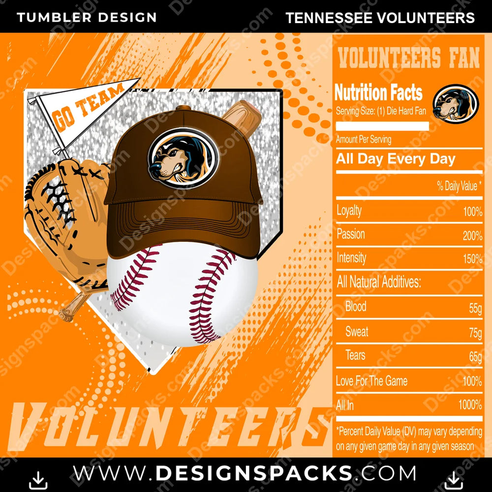 College Sport Team Fan BaseBall Tennessee Volunteers NCAA College Sport Tumbler Digital Wrap Design Download