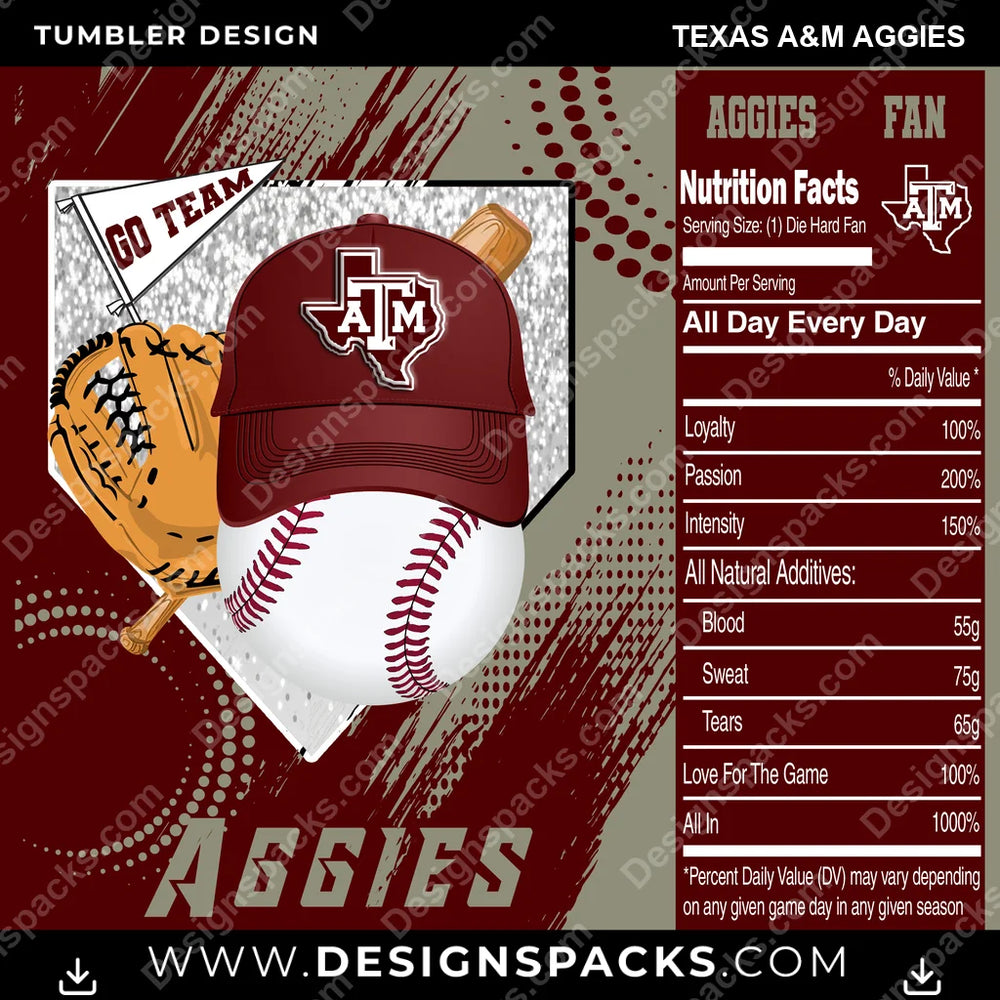 College Sport Team Fan BaseBall Texas A&M Aggies NCAA College Sport Tumbler Digital Wrap Design Download