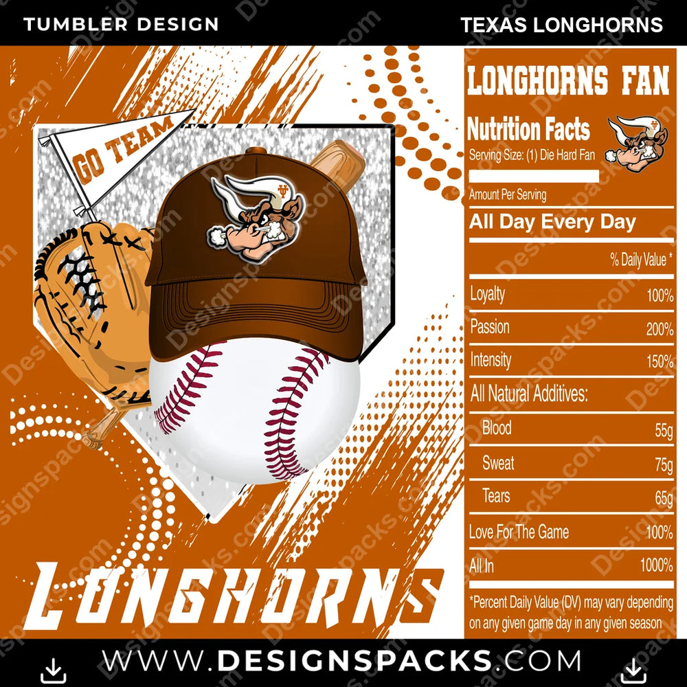College Sport Team Fan BaseBall Texas Longhorns NCAA College Sport Tumbler Digital Wrap Design Download