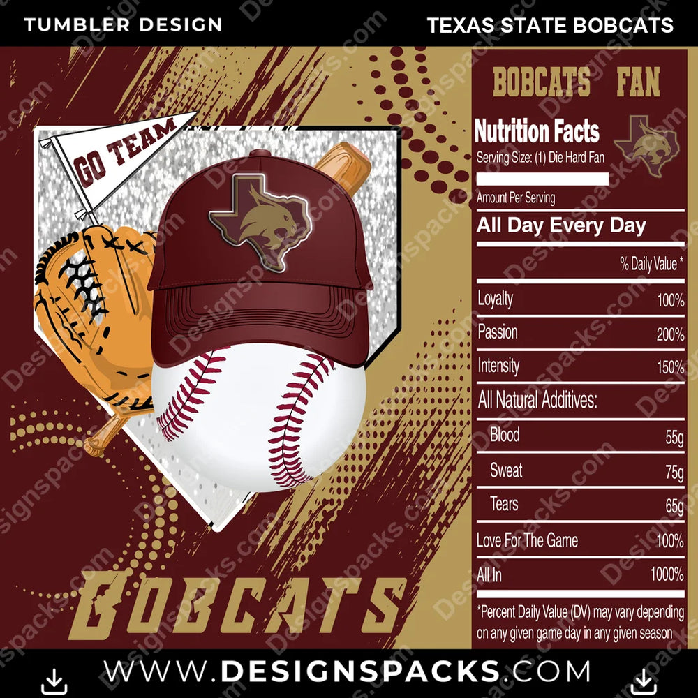 College Sport Team Fan BaseBall Texas State Bobcats NCAA College Sport Tumbler Digital Wrap Design Download
