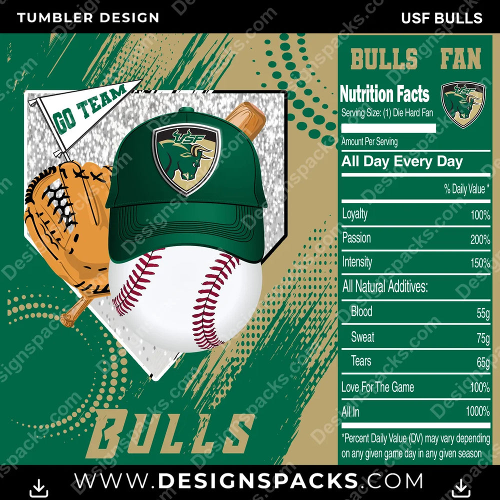 College Sport Team Fan BaseBall USF Bulls NCAA College Sport Tumbler Digital Wrap Design Download