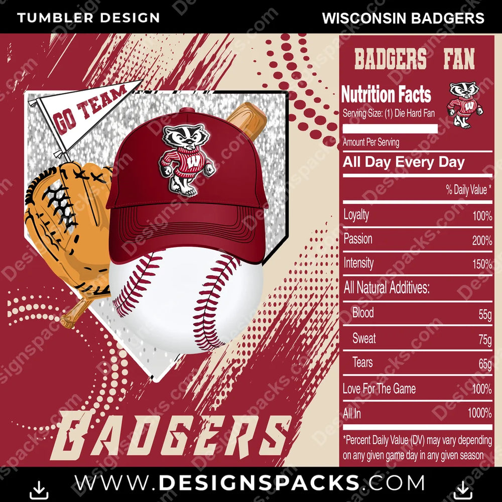 College Sport Team Fan BaseBall Wisconsin Badgers NCAA College Sport Tumbler Digital Wrap Design Download