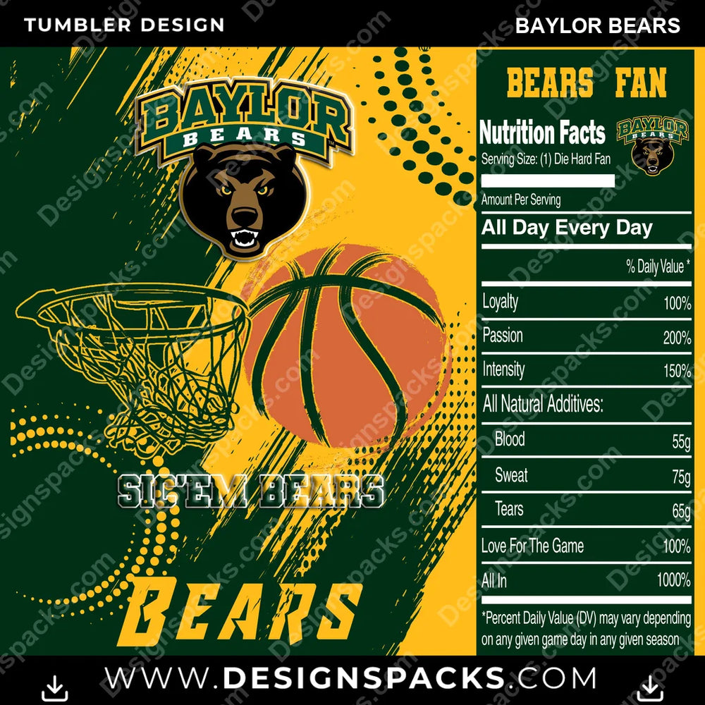College Sport Team Fan Basketball Baylor Bears NCAA College Sport Tumbler Digital Wrap Design Download