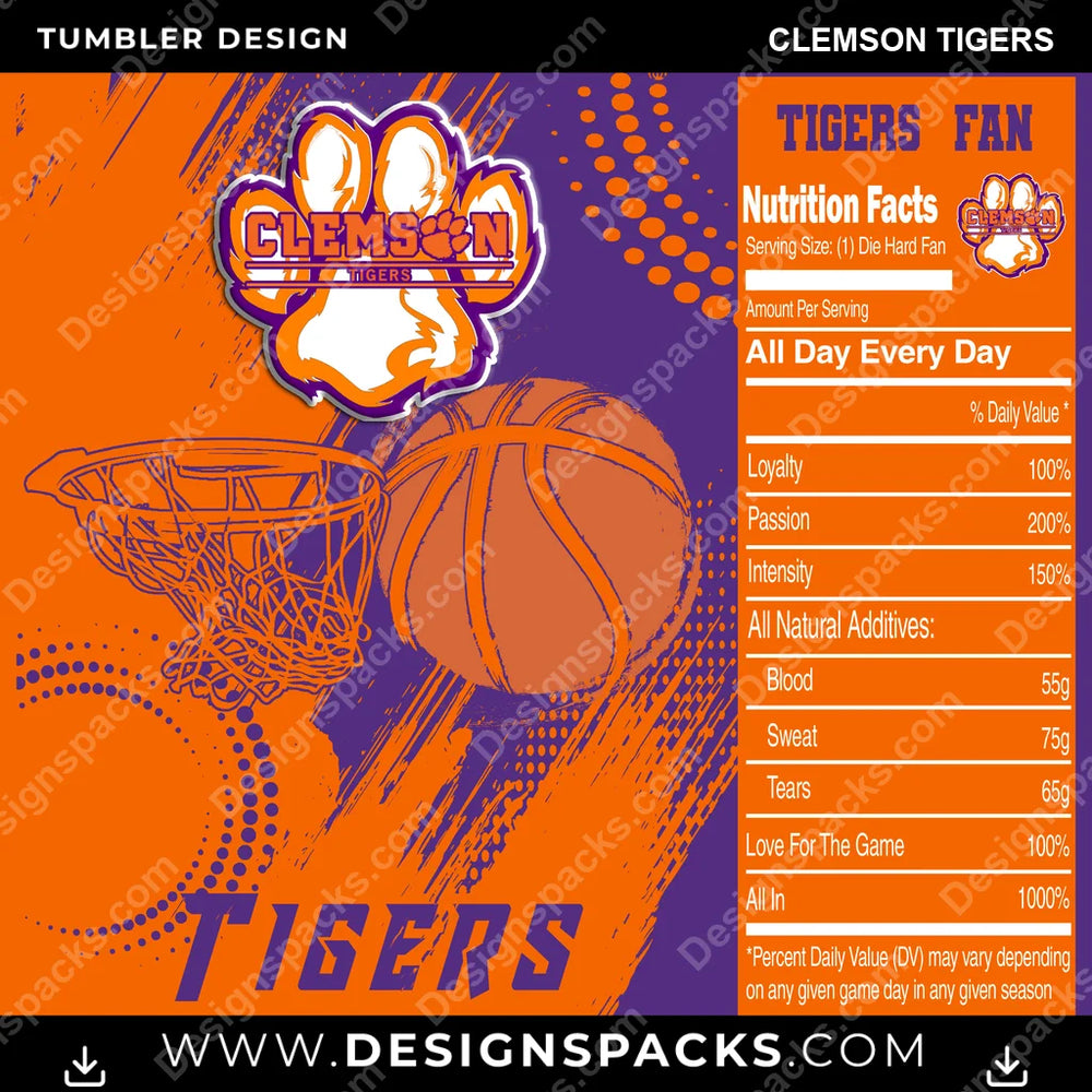 College Sport Team Fan Basketball Clemson Tigers NCAA College Sport Tumbler Digital Wrap Design Download