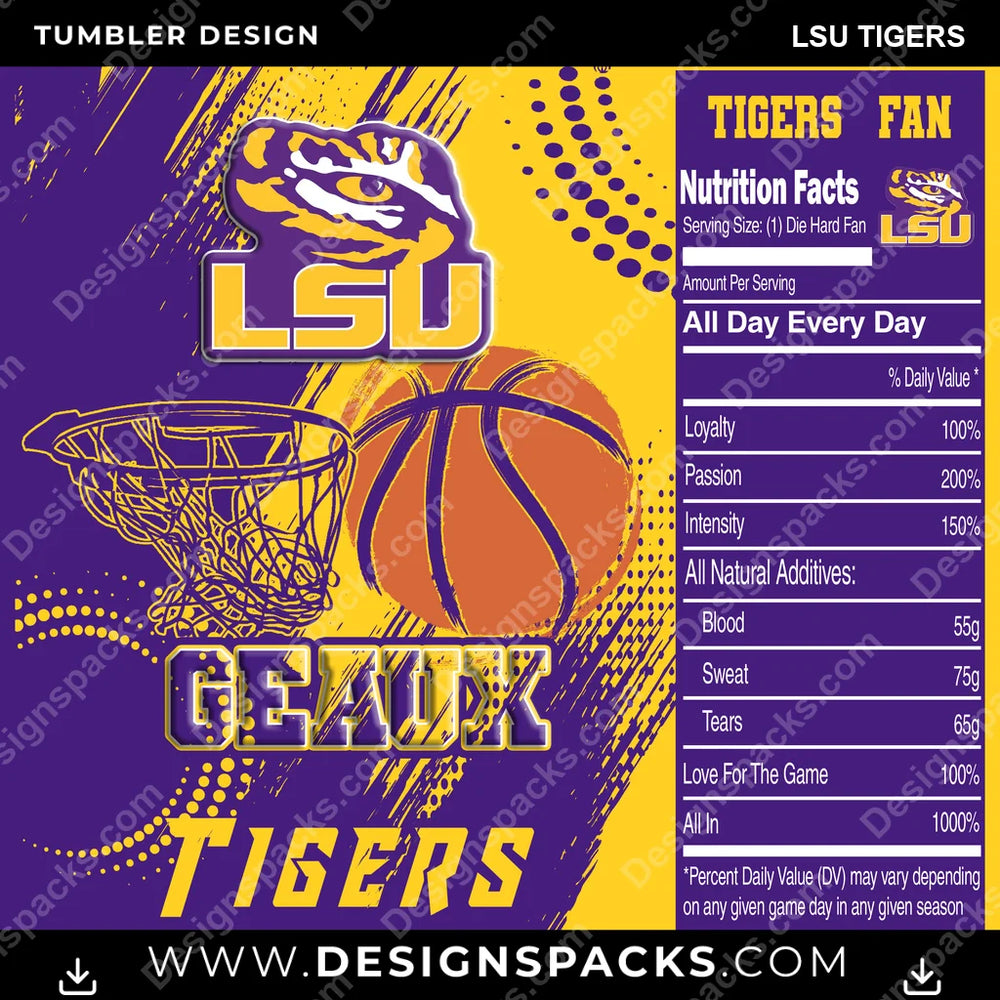 College Sport Team Fan Basketball LSU Tigers NCAA College Sport Tumbler Digital Wrap Design Download