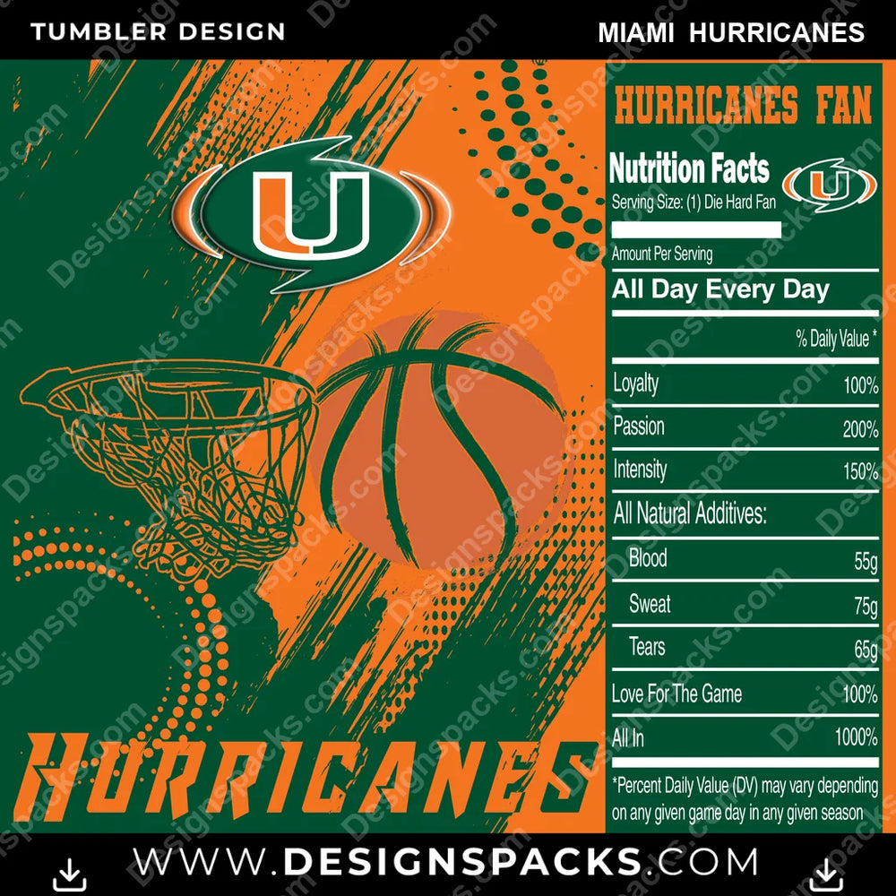 College Sport Team Fan Basketball Miami Hurricanes NCAA College Sport Tumbler Digital Wrap Design Download