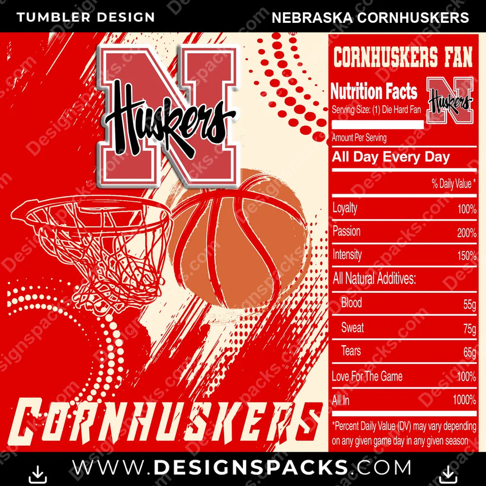 College Sport Team Fan Basketball Nebraska Cornhuskers NCAA College Sport Tumbler Digital Wrap Design Download
