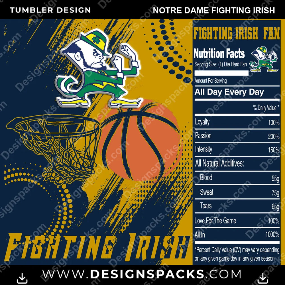 College Sport Team Fan Basketball Notre Dame Fighting Irish NCAA College Sport Tumbler Digital Wrap Design Download