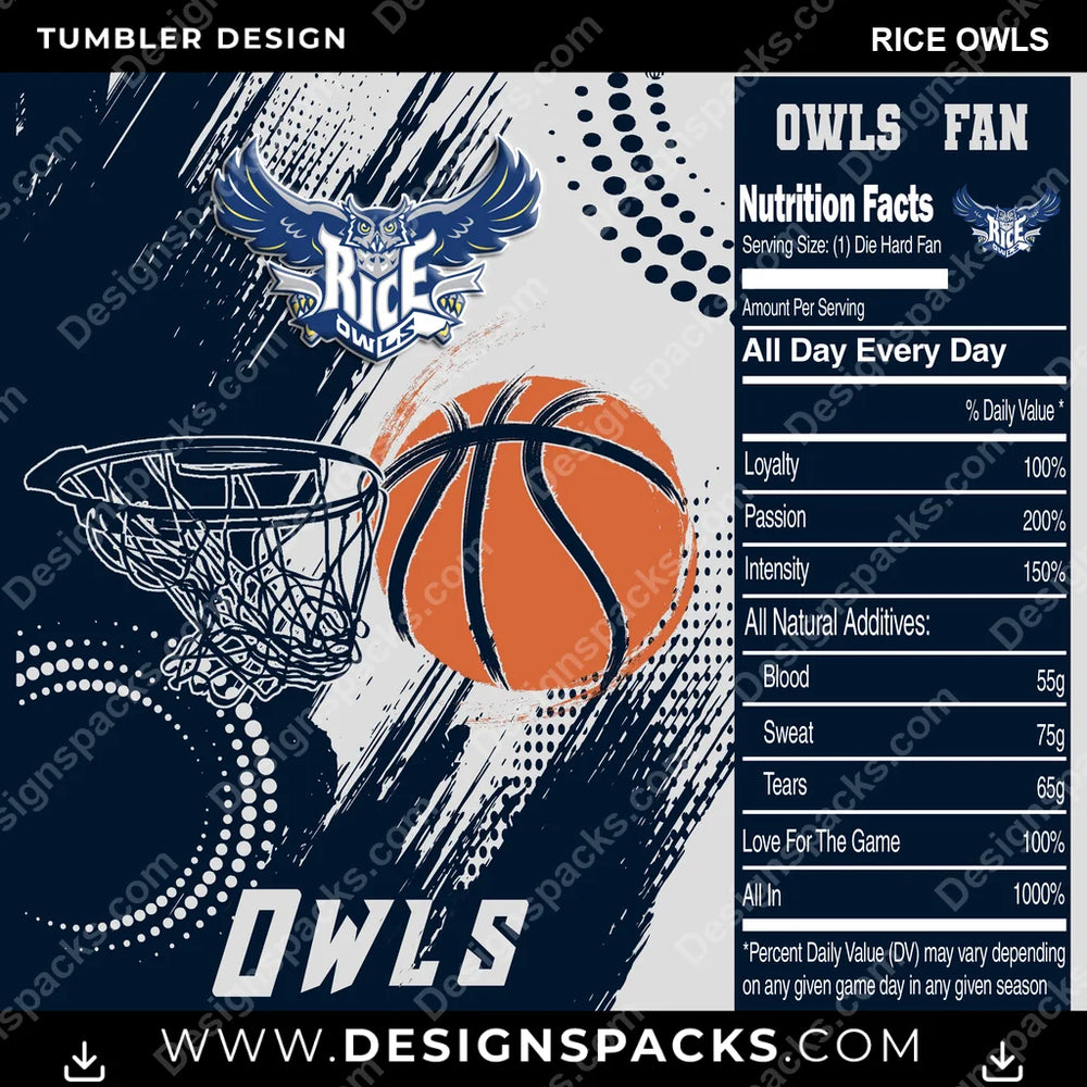 College Sport Team Fan Basketball Rice Owls NCAA College Sport Tumbler Digital Wrap Design Download