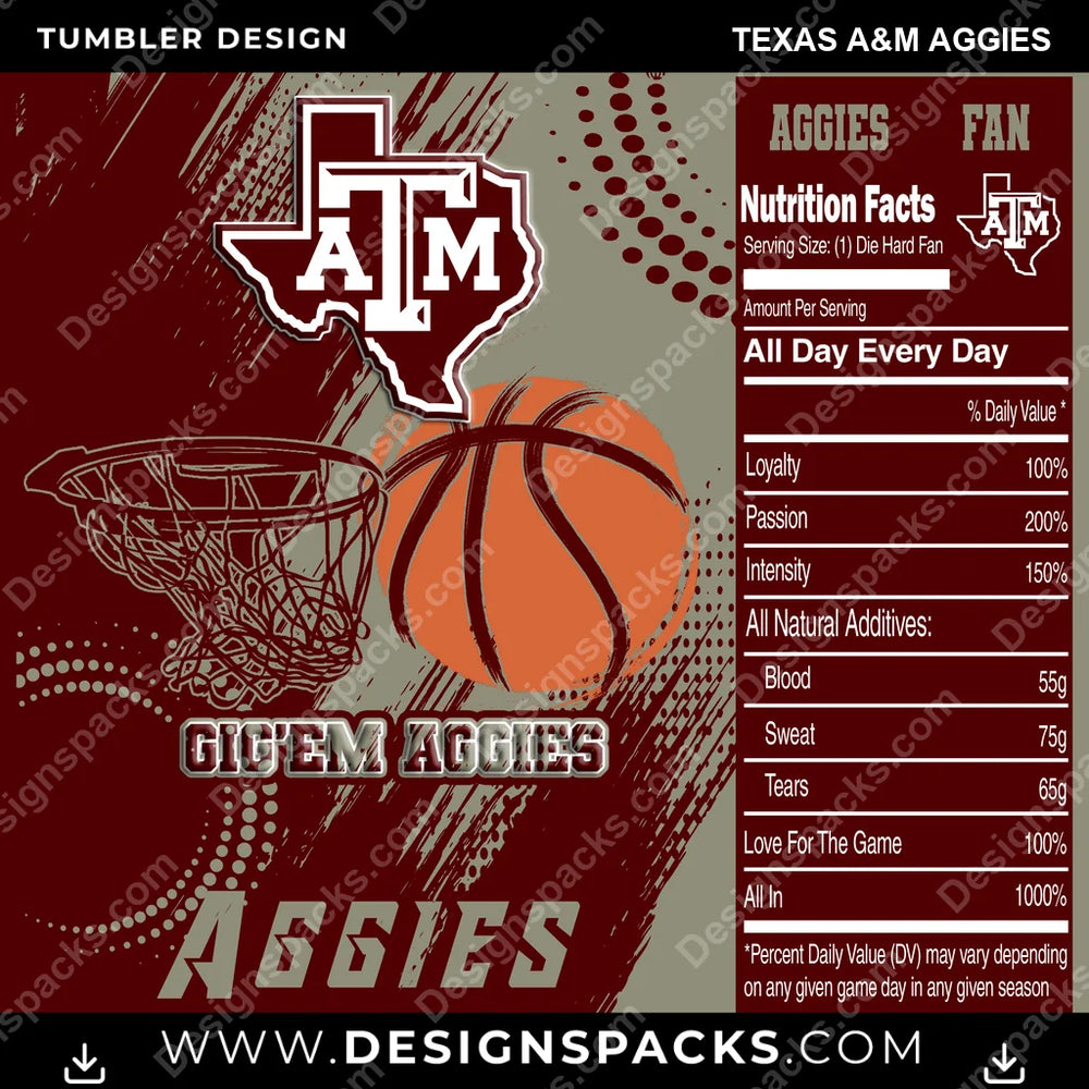 College Sport Team Fan Basketball Texas A&M Aggies NCAA College Sport Tumbler Digital Wrap Design Download