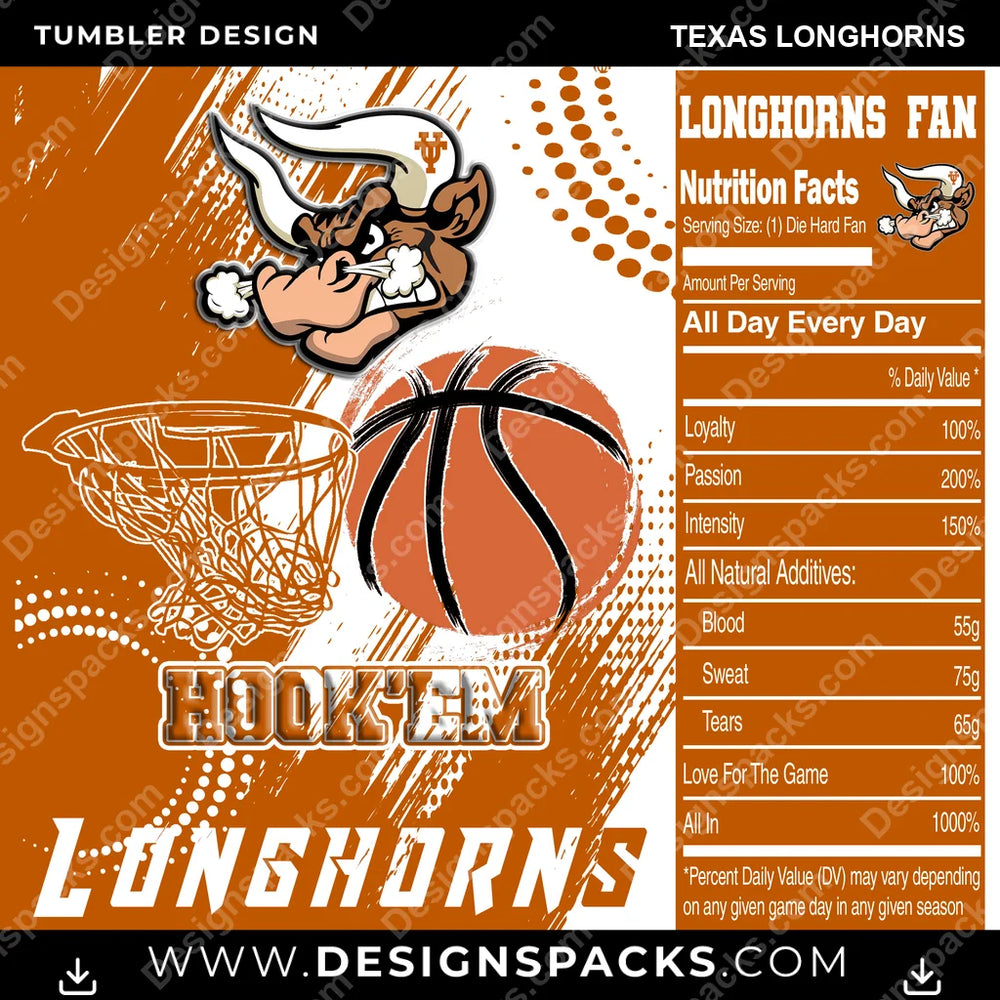 College Sport Team Fan Basketball Texas Longhorns NCAA College Sport Tumbler Digital Wrap Design Download